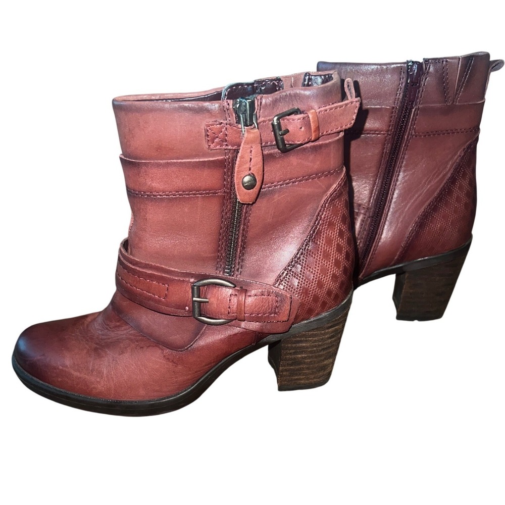 Earth Montana Merlot Leather Ankle Boots Women's 7B Burgundy Buckle Moto Booties